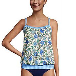 New Lands' End 22W Lotus Floral Gingham Blouson Tankini Swim Top Plus $79.95 NWT